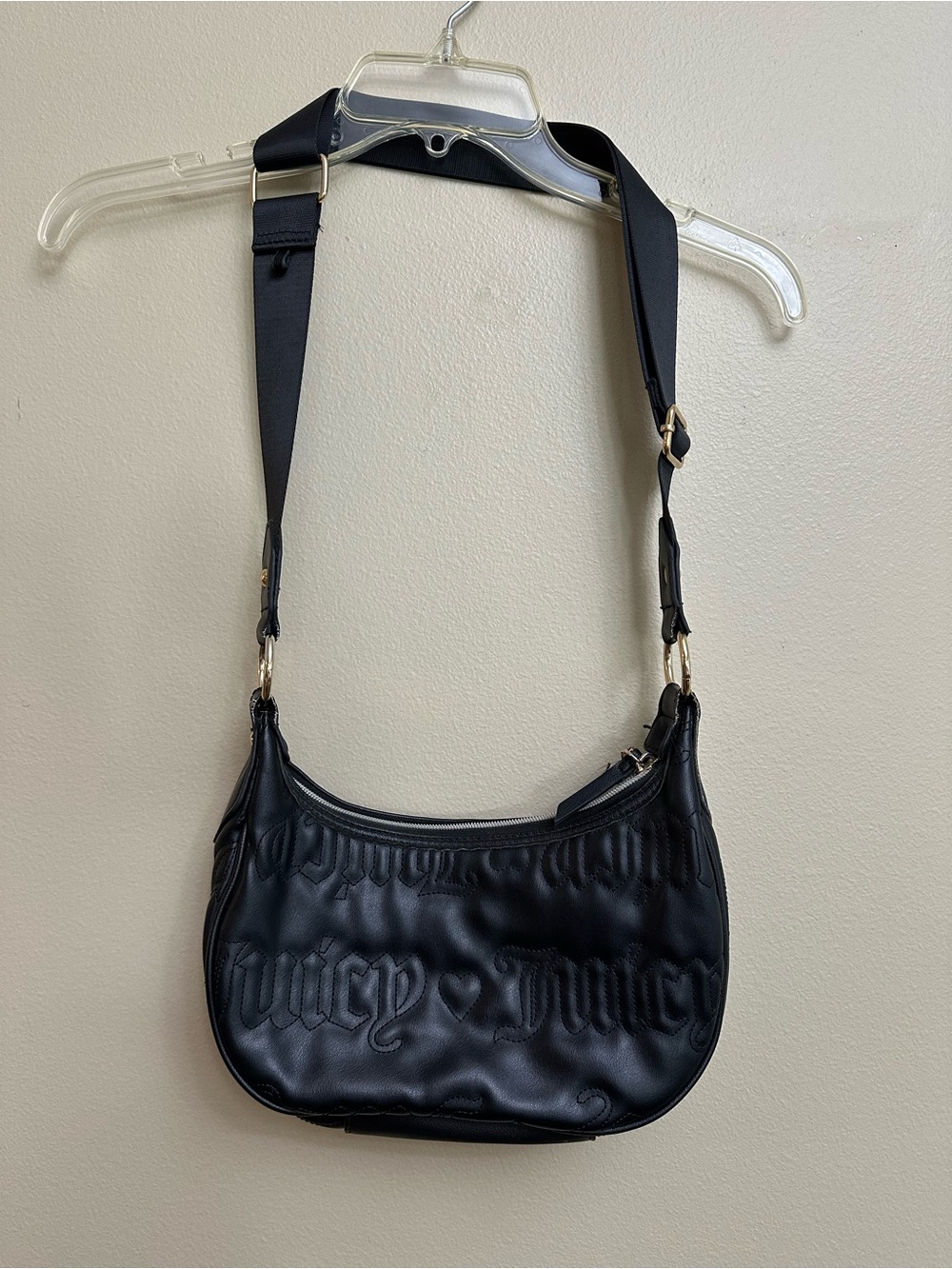 Y2K Juicy Couture Black Embossed Shoulder Bag Crescent Hobo